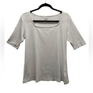 Lands End White Ribbed T-shirt Square Neck Short Sleeve Elbow Length Tee Size M